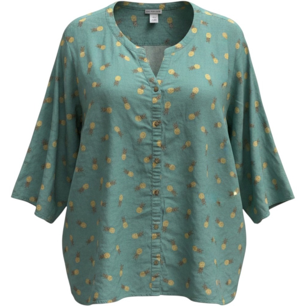 Catherines Button Down Top‎ Women 3X Teal Pineapple Tropical Linen Blend Shirt